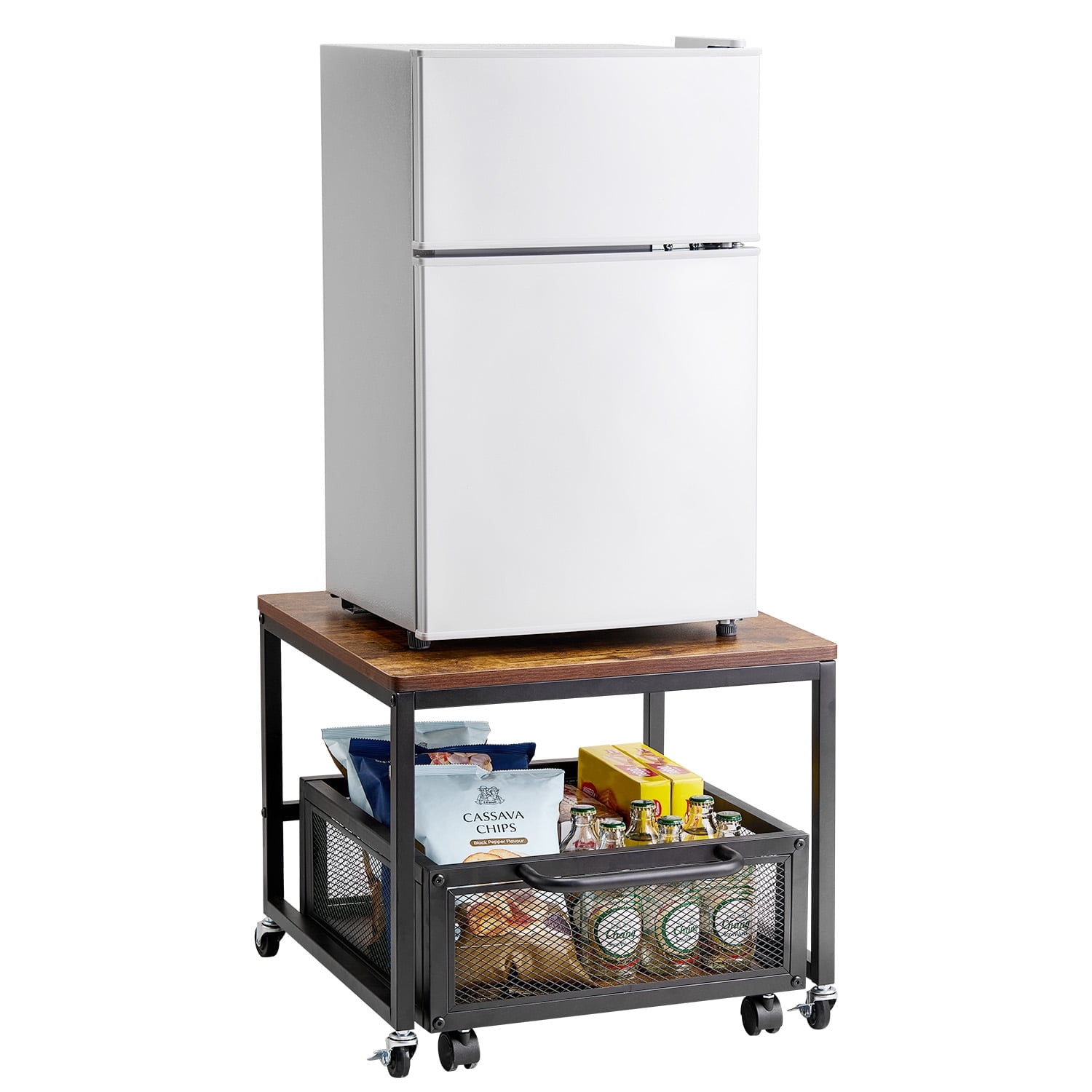 VEVOR Mini Fridge Stand with Storage, 198 lbs Mini Fridge Table with Movable Storage Cart & Swivel Wheels, Beverage Refrigerator Stand for Coffee Bar, Mini Fridge Organizer for Home Dorm, Light Brown