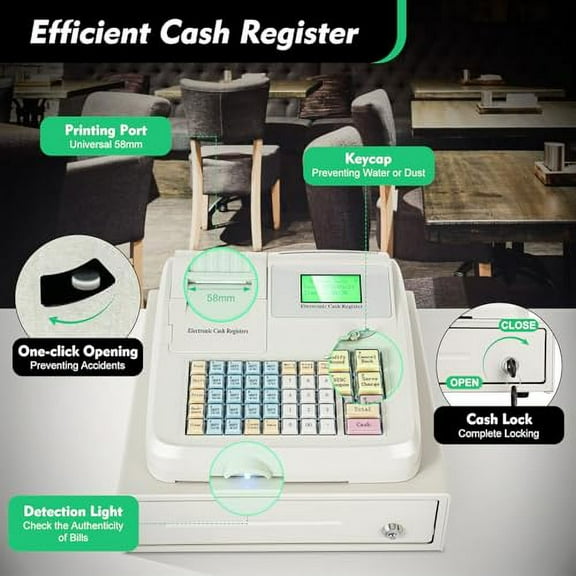 POS System 48 Keys Cash Register for Small Business, Retailer, Supermarket, 8 Digital LED Display Electronic Cash Register w/Drawer