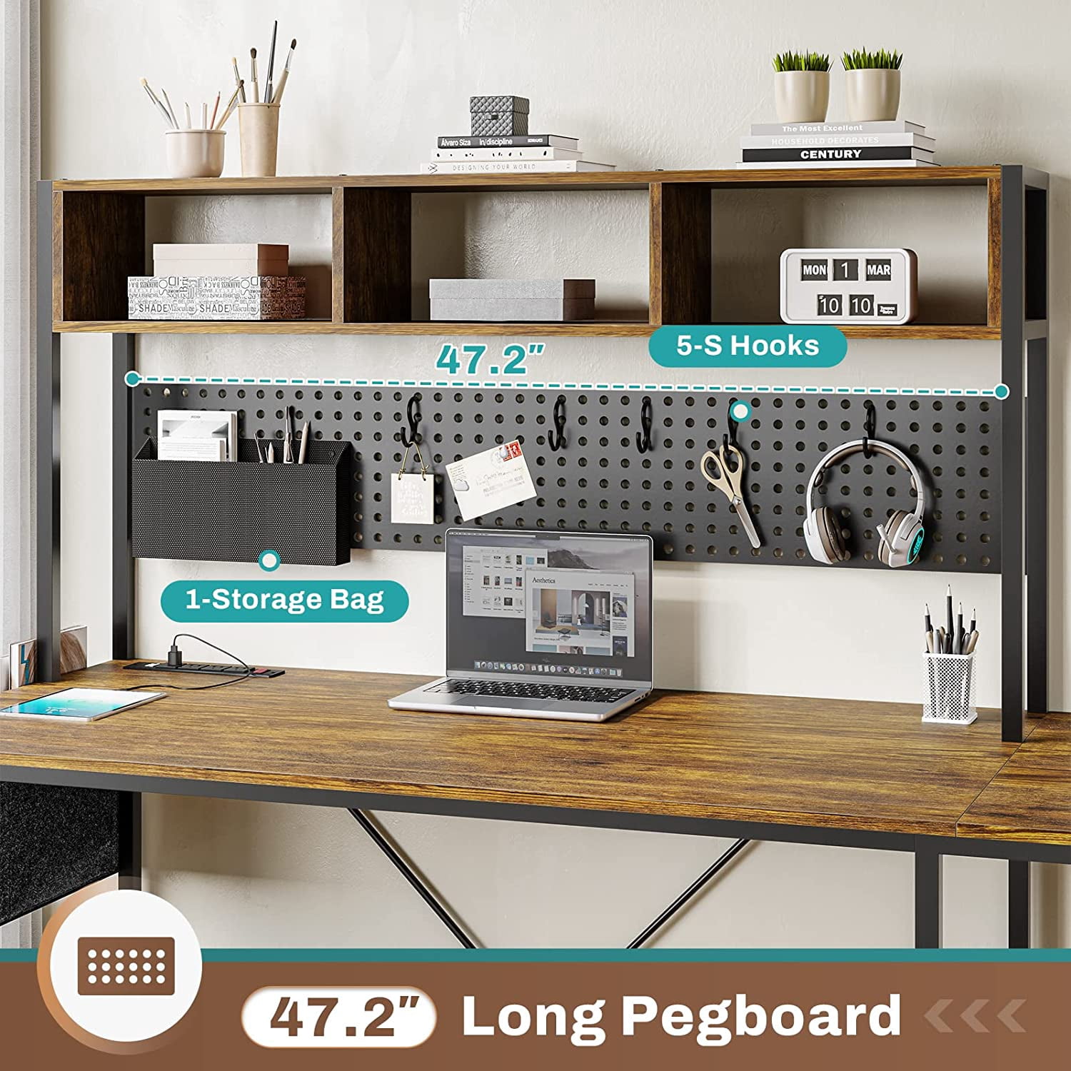 L-Shaped Office Desk with LED Lights & Charging Station, Reversible Computer Desk with Storage Shelf & Pegboard for Bedroom Study Writing, Rutic Brown