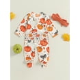thumbnail image 6 of Elippeo Baby Girl Halloween Romper Pumpkin Print Long Sleeve Ruffled Zipper Jumpsuit with Headband 2 Pcs Set 3 6 12 18 Months, 6 of 10