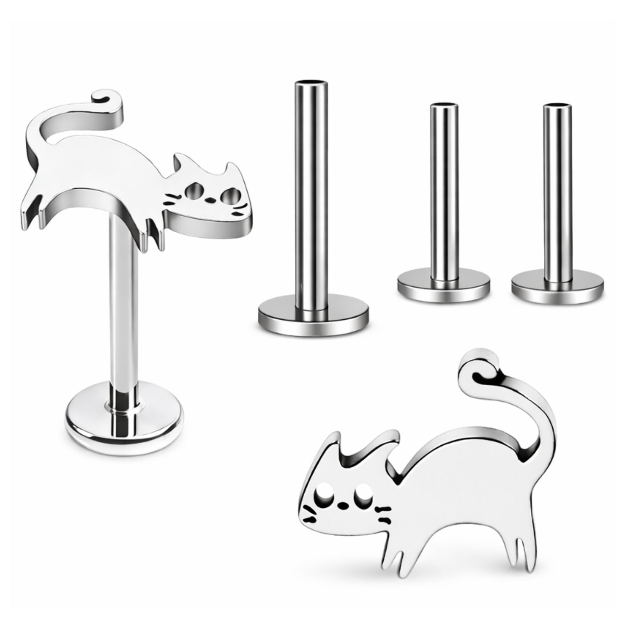 Titanium Cat Flat Back Earrings Kitty Stud Earrings for Women, Body Jewelry, G23 Conch Helix Tragus Labret Lip Piercing 6Pc