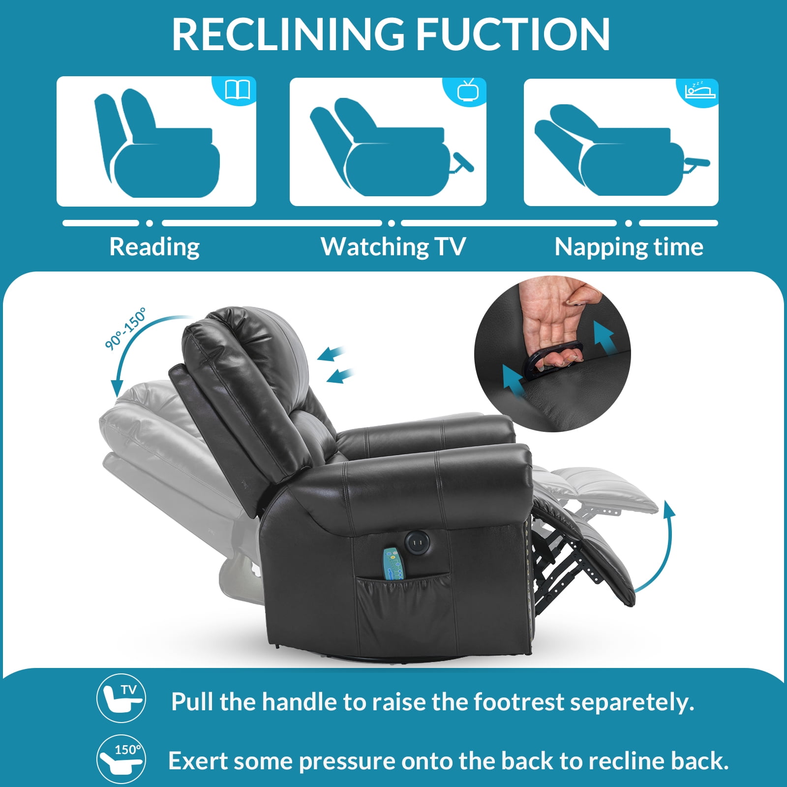 OUINCH Manual 360 Degree Swivel Glider Rocker Recliner Chair with Massage and Heat, USB Ports and 2 Side Pockets, Faux Leather, Grey