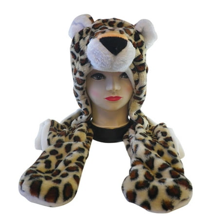 Plush Leopard Animal Hat - Leopard Hat with Ear Flaps and Hand Pockets