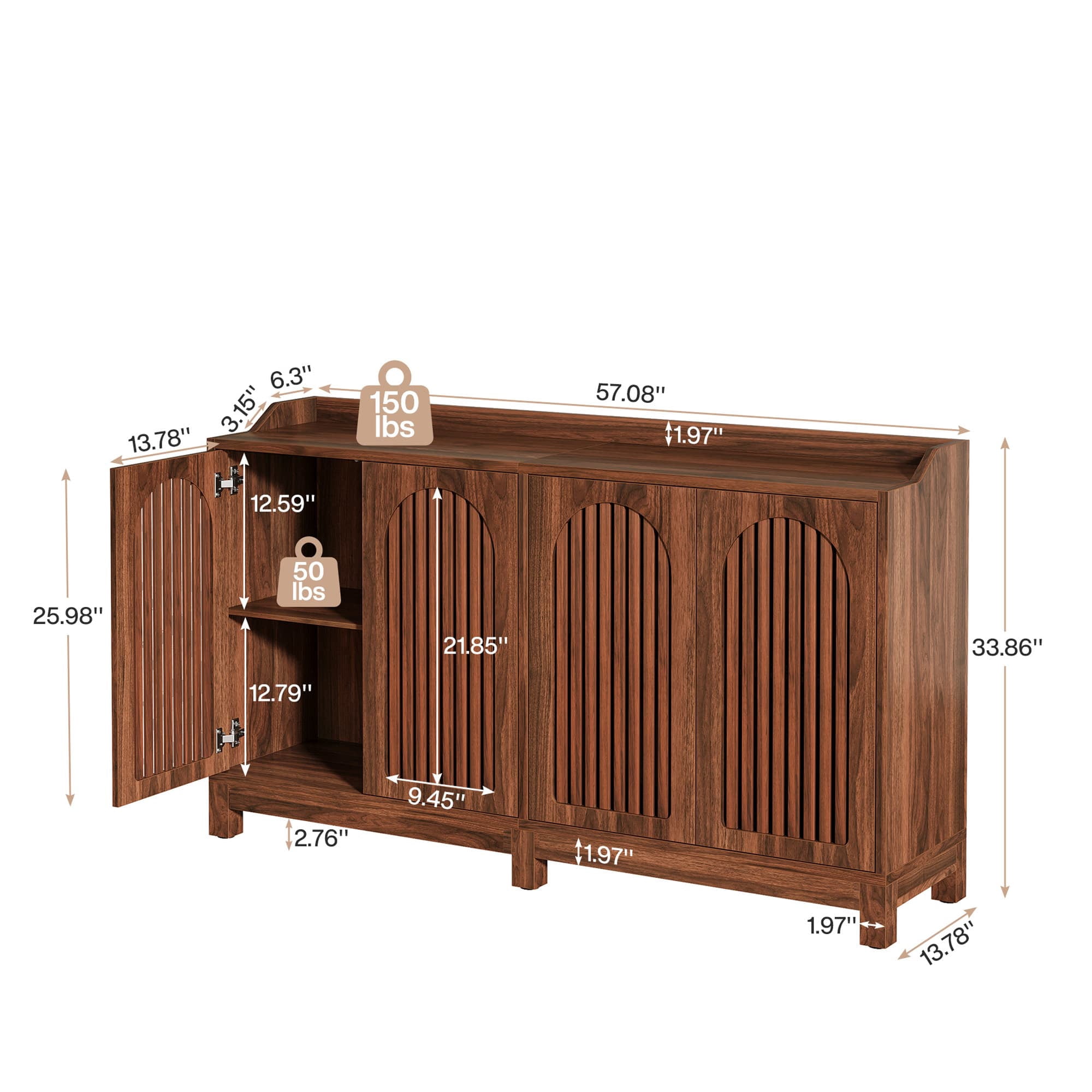 MAYEERTY 57" Farmhouse Sideboard Buffet Cabinet, Vintage Shutter Door Storage Credenza with Adjustable Shelf, Solid Wood Leg Coffee Bar Cabinet