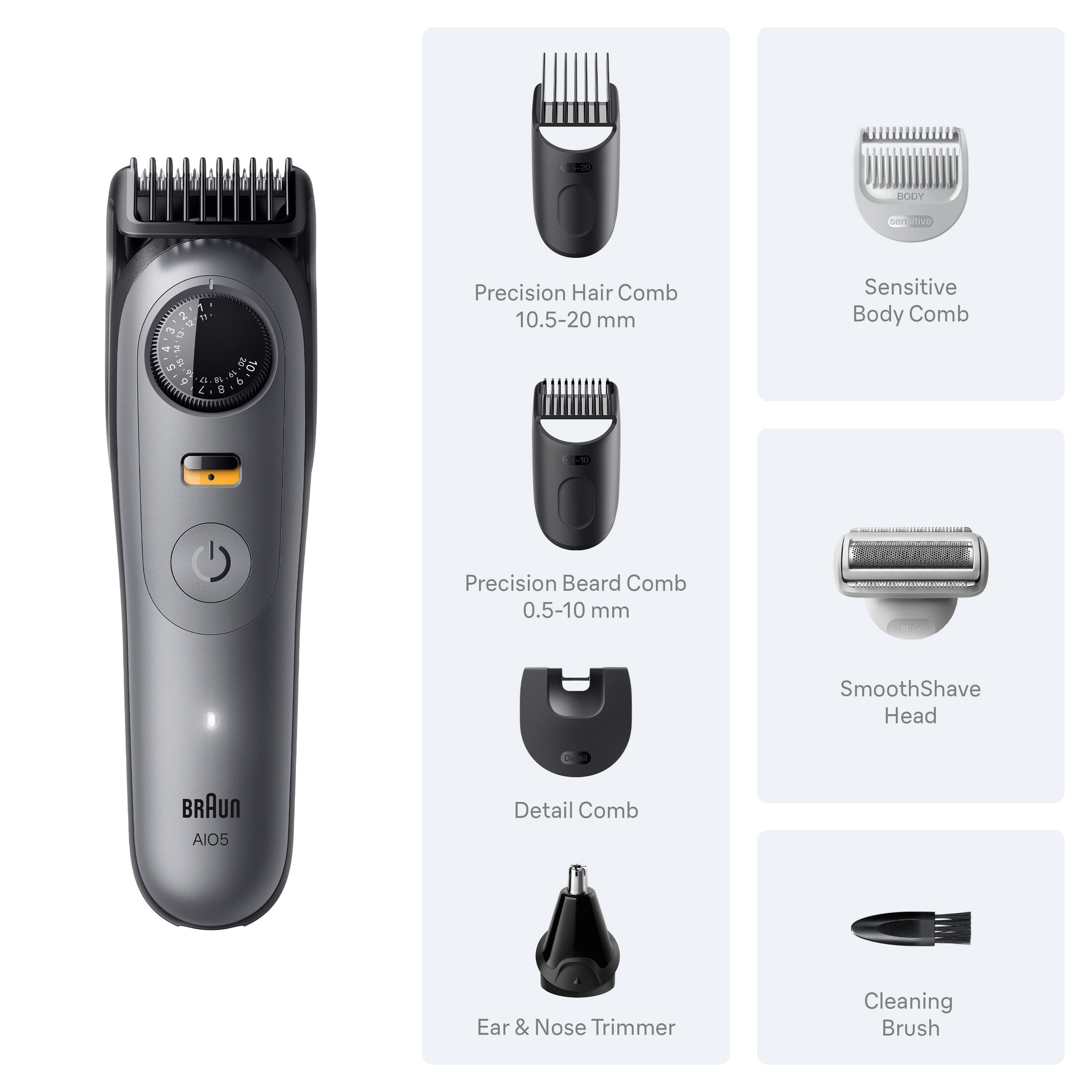 Braun All-in-One Series 5 Trimmer Kit, 40 Lengths, Ultra Sharp Blade, AIO 5510, Moonstone Grey