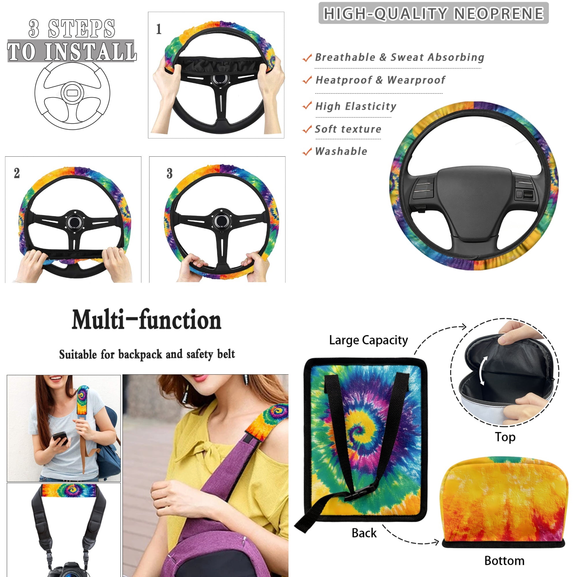 Yuyamidu Rainbow Tie Dye Car Seat Cover 15 Pack Front Back Seat Cover with Universal Steering Wheel Cover Seatbelt Strap Pad Trash Can Car Vent Organizer Cup Holders Rearview Mirror Cover Keychain