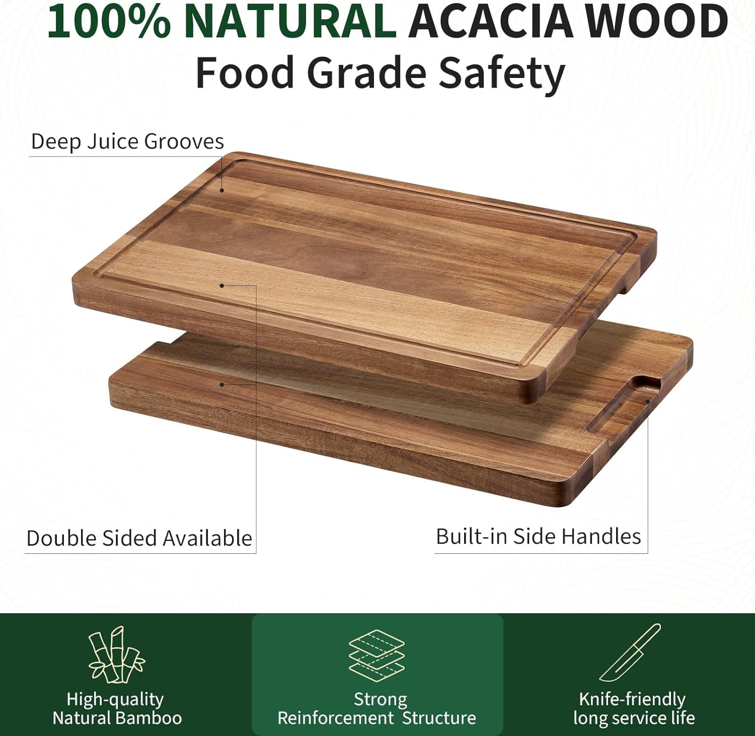 Large Natural Acacia Wood Cutting Board for Kitchen, 18x12" Reversible Butcher Block Chopping Board with Deep Juice Groove and Side Handles, Ideal for Meat, Vegetables & Cheese, Natural