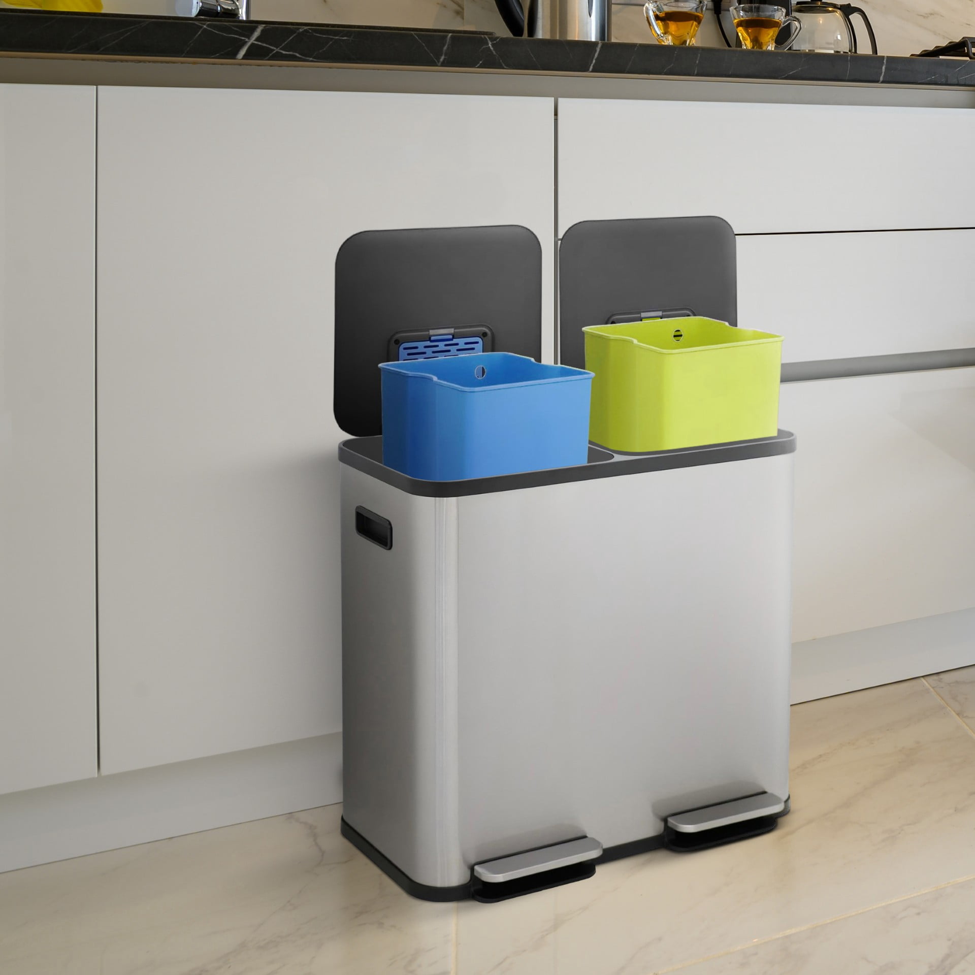 Simpli-Magic 21 Gallon Kitchen Trash Can, Stainless Steel Rectangular Step Garbage Bin with Lid, Dual Compartment Trash and Recycling, Silver