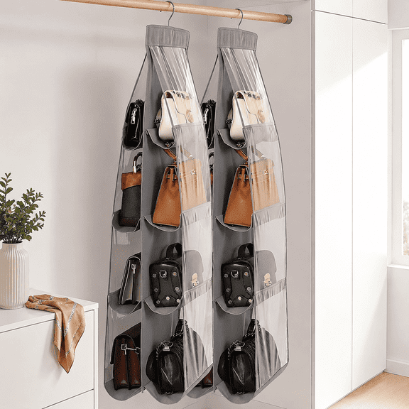 2 Pack Purse Organizer for Closet – Handbag Storage Hanger with Clear Pockets, Thickened Metal Hooks, Grey