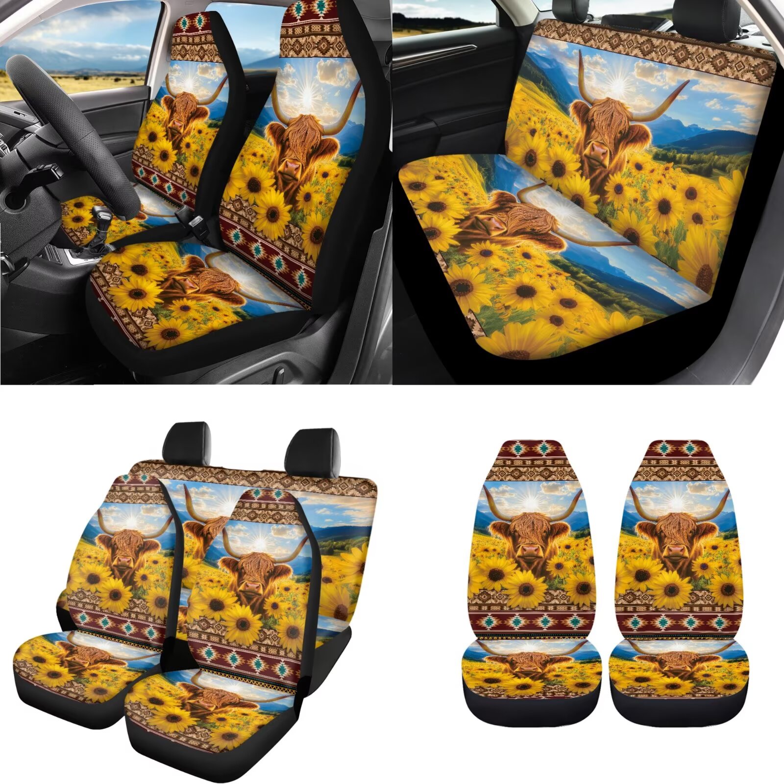 Uorisanigo Aztec Highland Cow 18 Pcs Front & Rear Seat Covers Full Set+Safety Seat Belt Pads+Steering Cover+Auto Armrest Covers+Headrest Cushion+Shift Knob Cover+Handbrake+Coasters+Keychain
