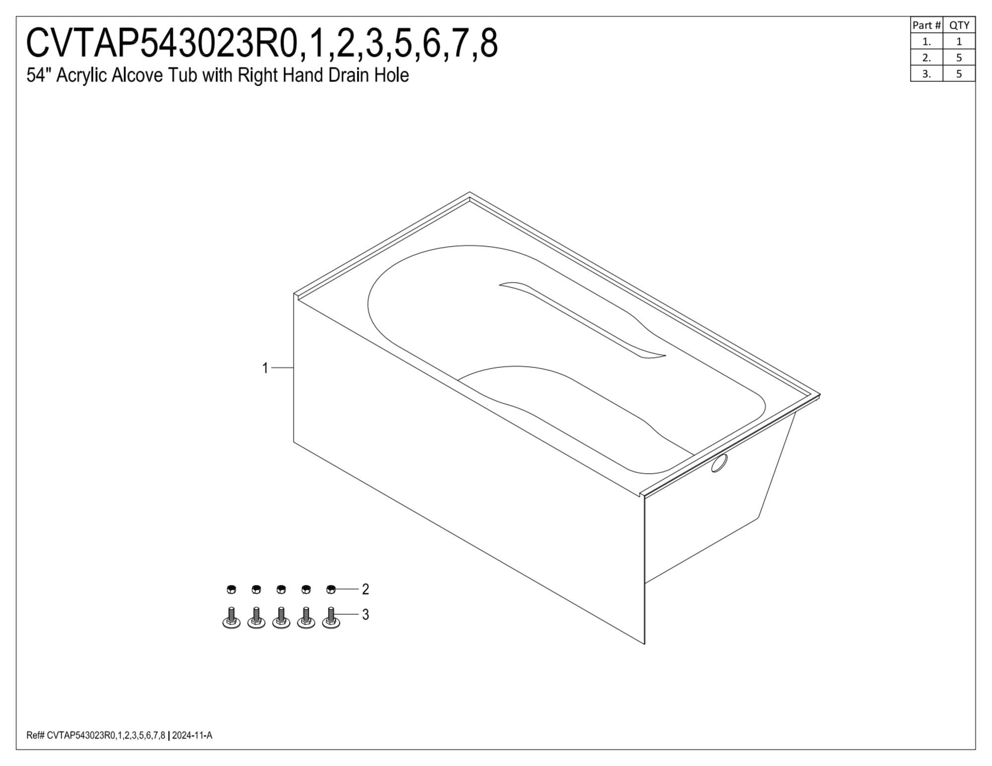 Aqua Eden CVTAP543023R2 54" Acrylic Rectangular 3-Wall Alcove Tub with Armrests, Right Hand Drain, Glossy White/Polished Brass