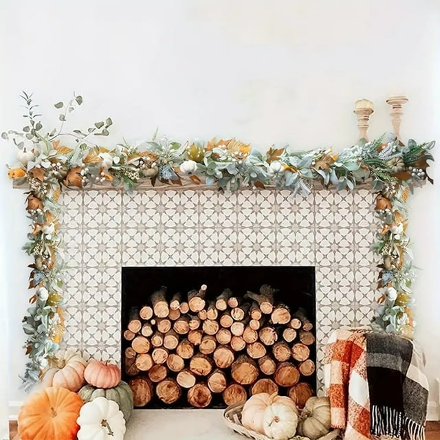 Guirnalda Artificial de Hojas de Arce y Calabazas para Acción de Gracias - Corona de Ratán Sintético Multicolor de 1,8 M para Chimenea, Entrada, Escalera y Decoración Navideña de Jardín