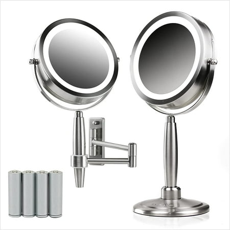 OVENTE 7'' Hand Mirror, 1X 8X Magnifier, Tabletop & Wall Mount, 3 Tone, Nickel Brushed MFM70BR1X8
