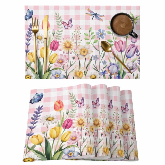 Wildflowers Placemats Set of 6, Spring Watercolor Tulip Floral Leaf Pink Plaid Placemats for Dining Table, Place Mats for Kitchen Tabletop, Waterproof Wipeable Dining Table Mats Set