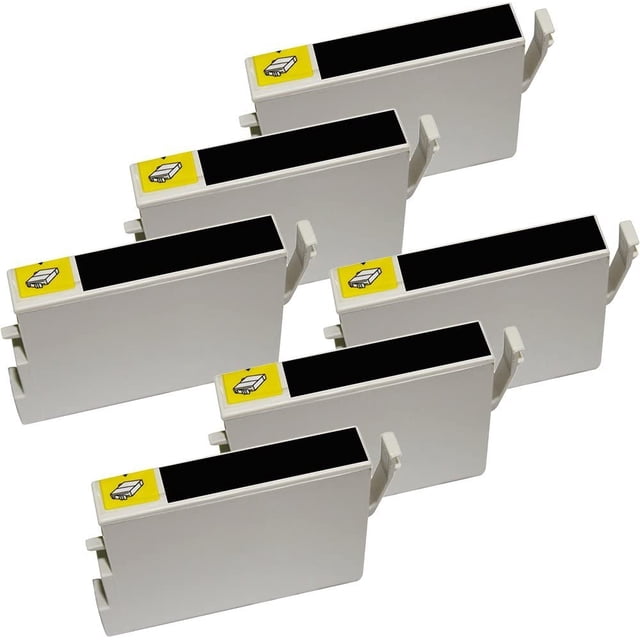 6 Inkfirst® Black Ink Cartridges T048120 T0481 compatible and remanufactured for Epson 48 Black printers. These cartridges are shown in a front-facing view, featuring a white casing with a black ink label and yellow tab for easy installation. Suitable for Epson Stylus Photo models including R200, R220, R300, R300M, R320, R340, RX500, RX600, and RX620. Each cartridge offers up to 650 pages yield at 5% coverage.