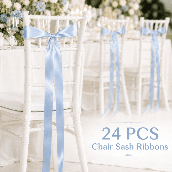MORAVE 24 Pcs Dusty Blue Satin Bows, Elegant Ribbon Sashes for Wedding Chair Pew Aisle and Background Decor