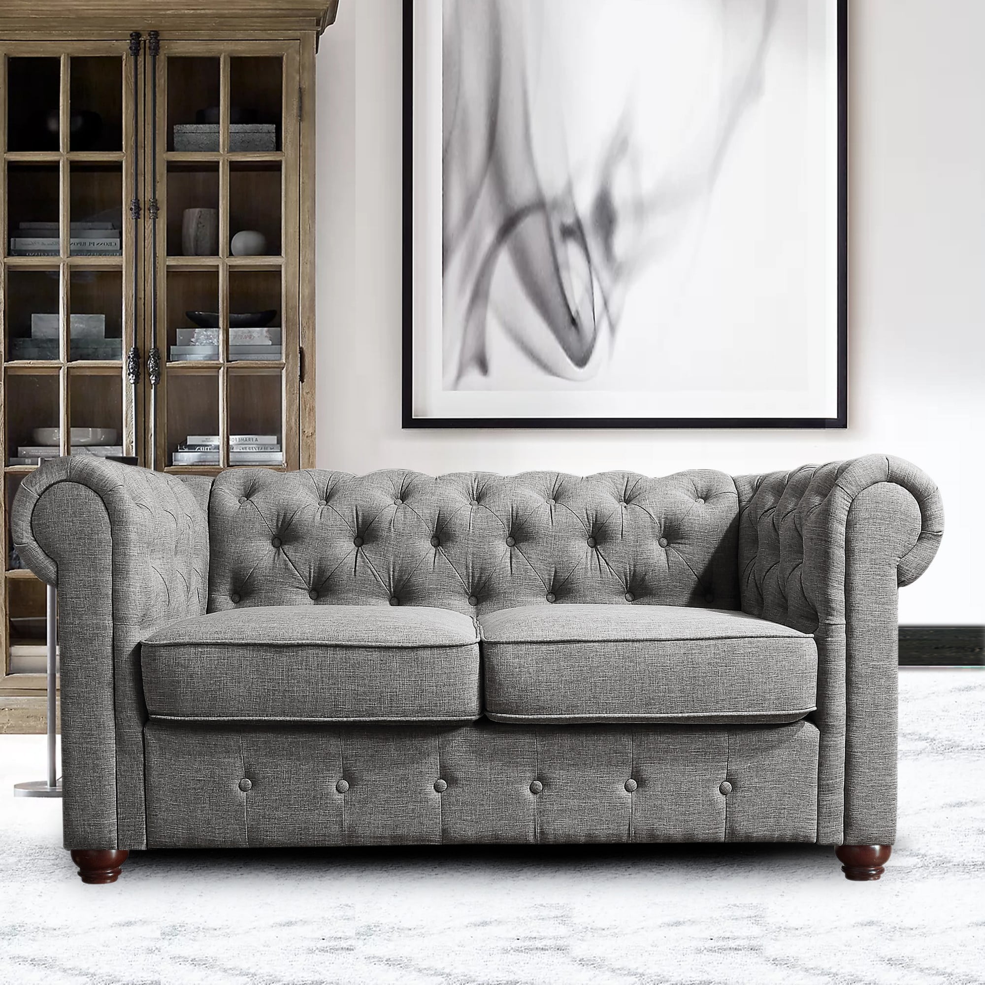 Gewnee Gray 65” Loveseat, Solid Wood Frame & Rubberwood Legs for Living Room, Apartment, Guest Room