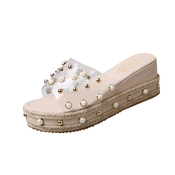 Bescita Women Slippers Open Toe Pearl Slide Sandals Wedge Platform Shoes