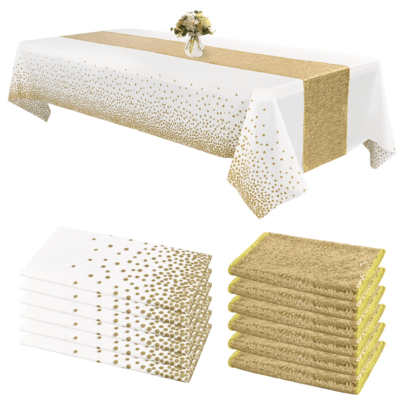 12 Pack Plastic Tablecloths Champagne Gold Sequin Table Runner Set,12 x