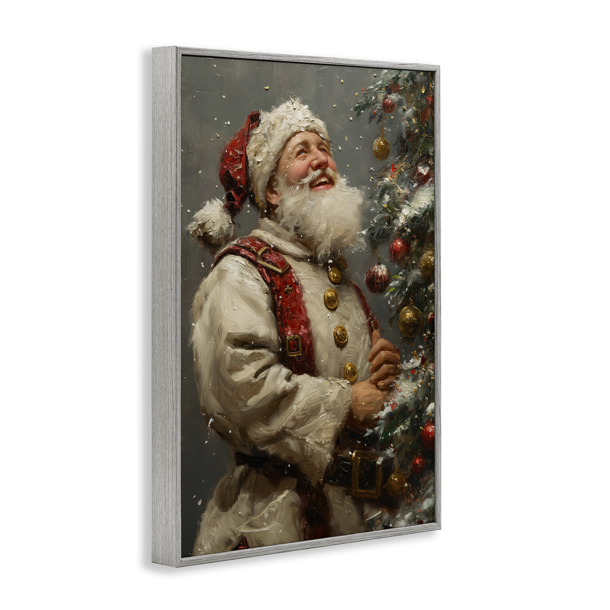 Stupell Industries Happy Santa & Tree Holiday Painting Gray Framed Art Print Wall Art, 12 x 18