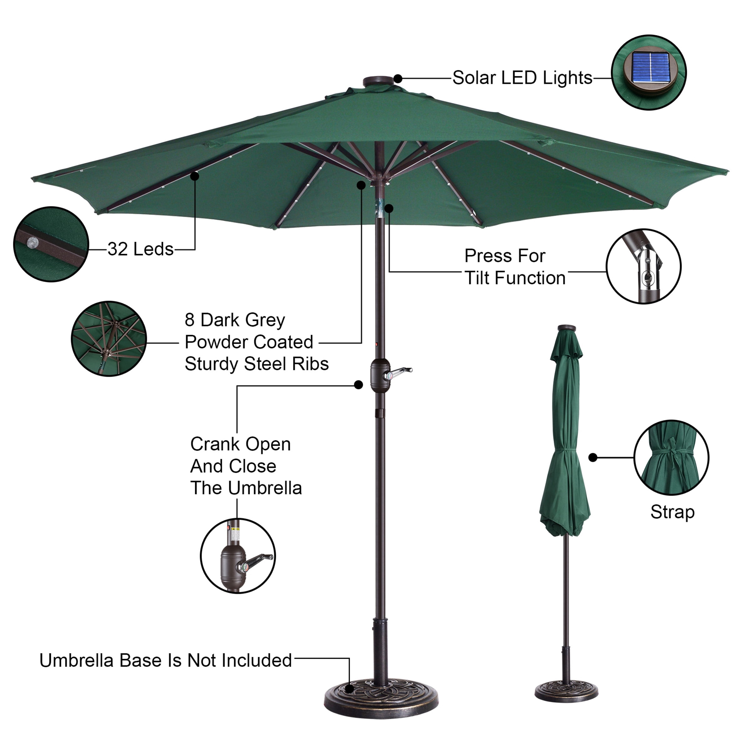 Villacera 9' LED Lighted Outdoor Solar Powered Patio Umbrella with 8 Steel Ribs, Forest Green