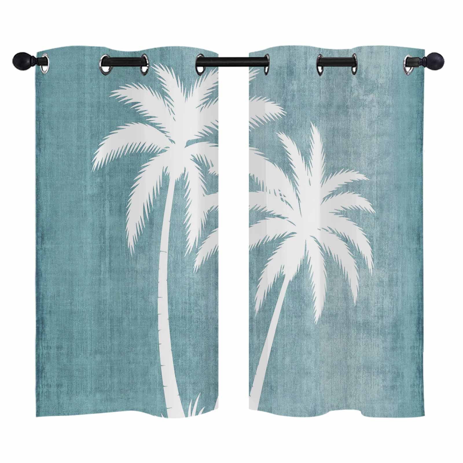 Palm Tree Blackout Curtains 39 Inches Long Coastal Minimalist Palm Silhouette Denim Blue Industrial Thermal Insulated Room Darkening Drapes with Grommets for Living Room 27.5 W x 39 L 2 Panels