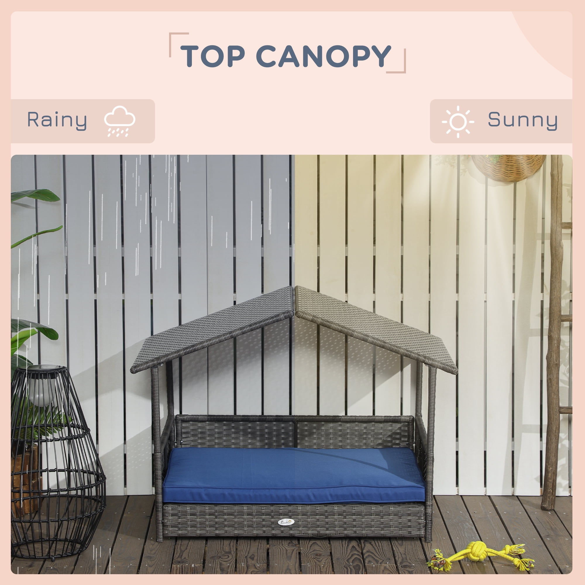 PawHut Wicker Dog House Elevated Raised Rattan Bed for Indoor/Outdoor with Removable Cushion Lounge, Navy Blue