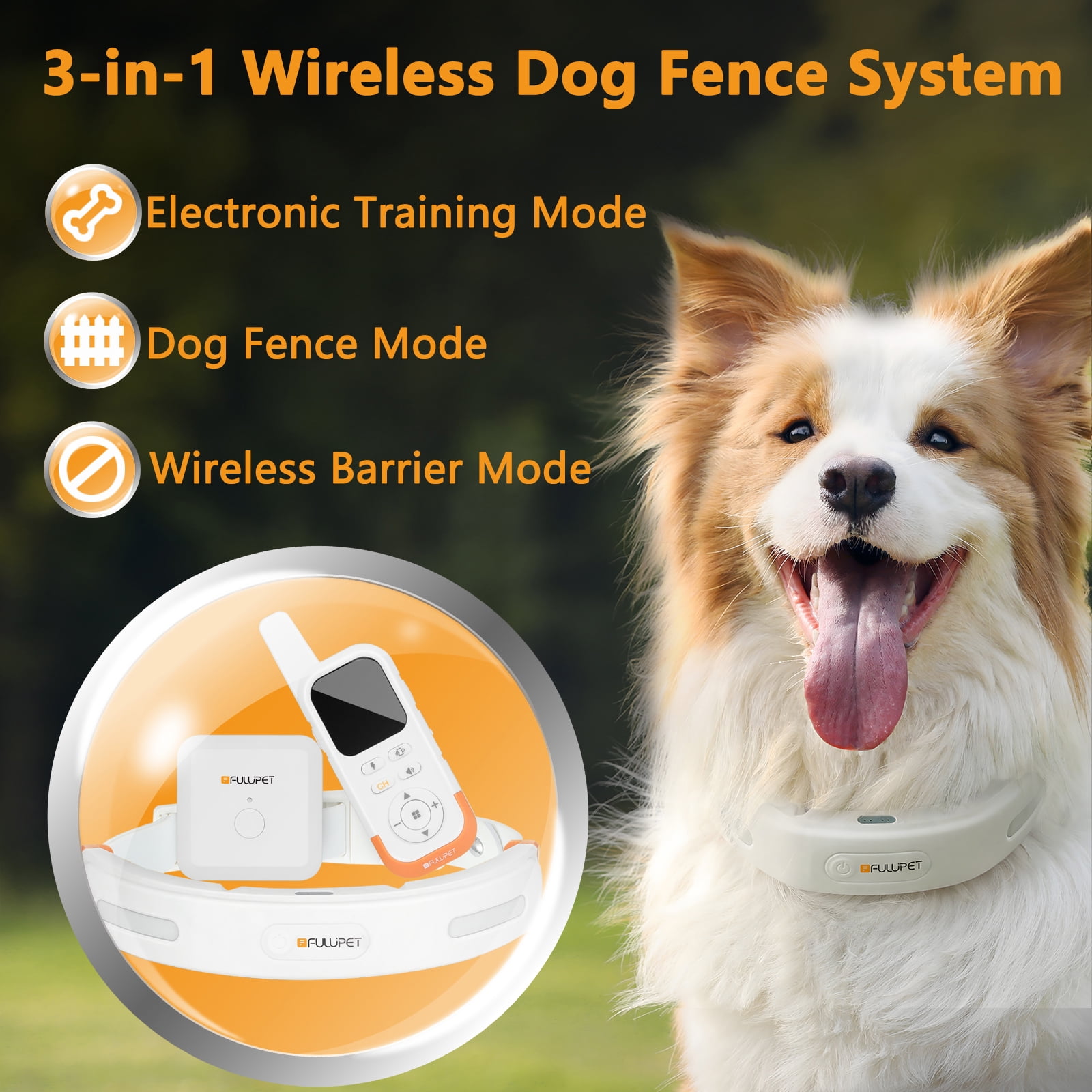 Wireless Dog Fence System, 3-in-1 Wireless Dog Fence Indoor & Outdoor Use, 6 Acre Accurate & Reliable Electric Fence for Dogs, Wireless Pet Fence with LED Light Dog Training Collar,White