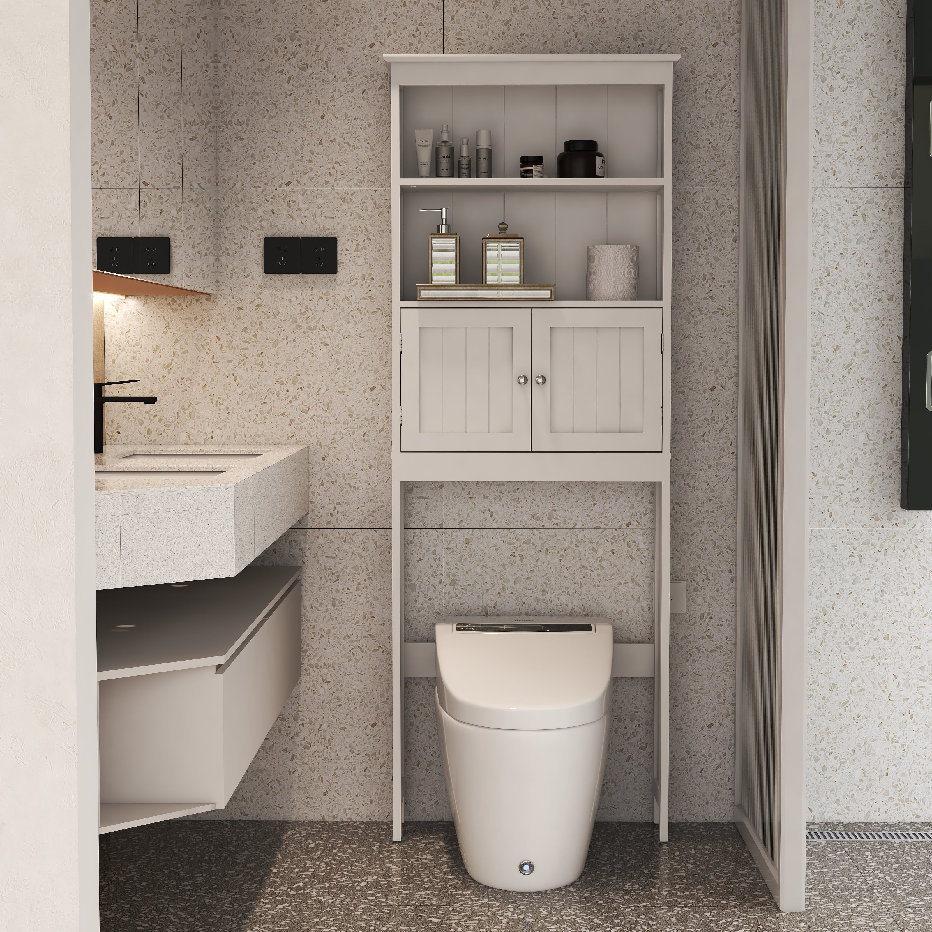 Mintazer Over The Toilet Storage Cabinet, Freestanding 2-Tier Bathroom Storage Shelf with 2 Doors for Bathroom, White