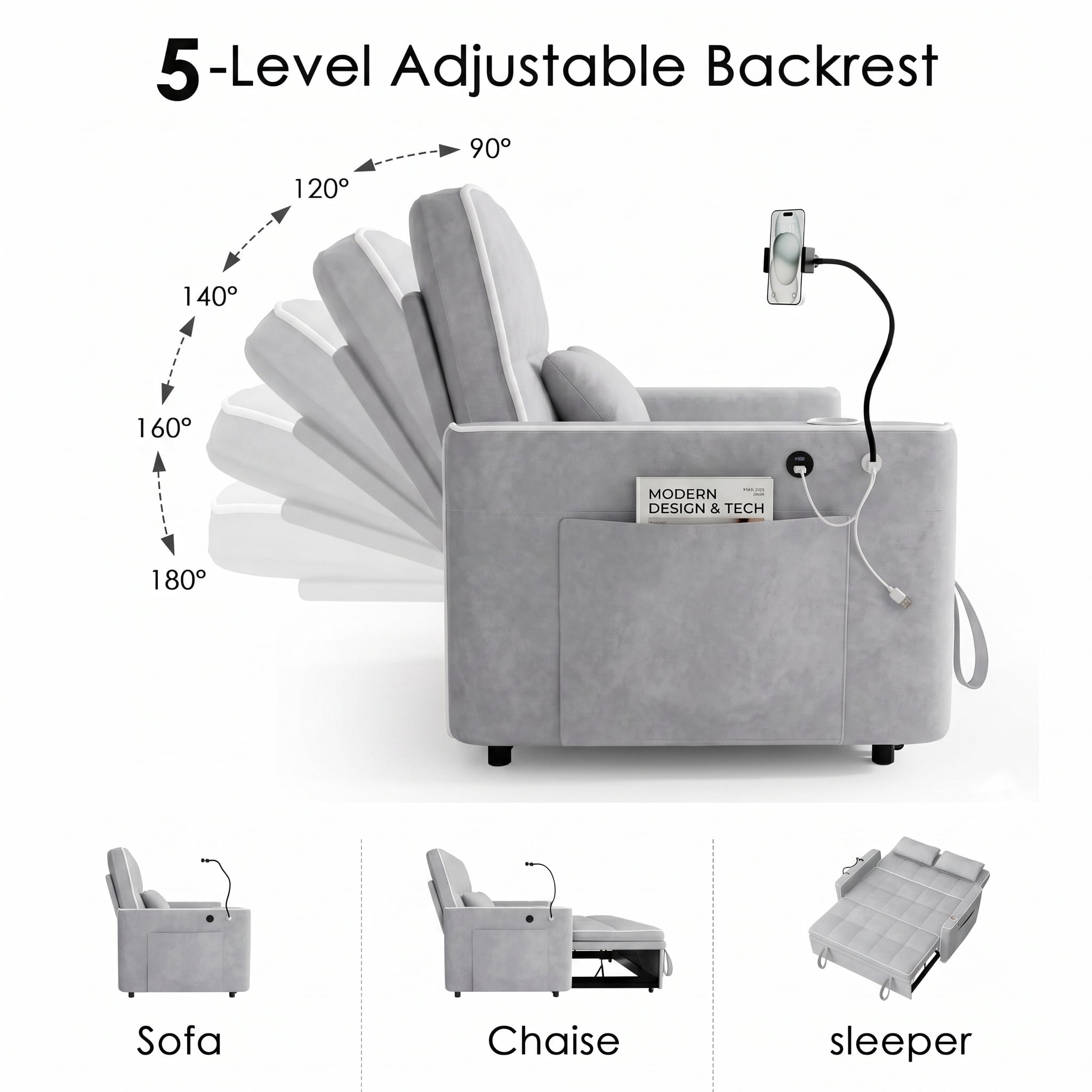 AISWORD 54" Convertible Sleeper Sofa Bed, Pull Out Loveseat Couch with USB Port, Phone Holder & Cup Holder, Adjustable Backrest for Apartment, Living Room, Office, Light Gray
