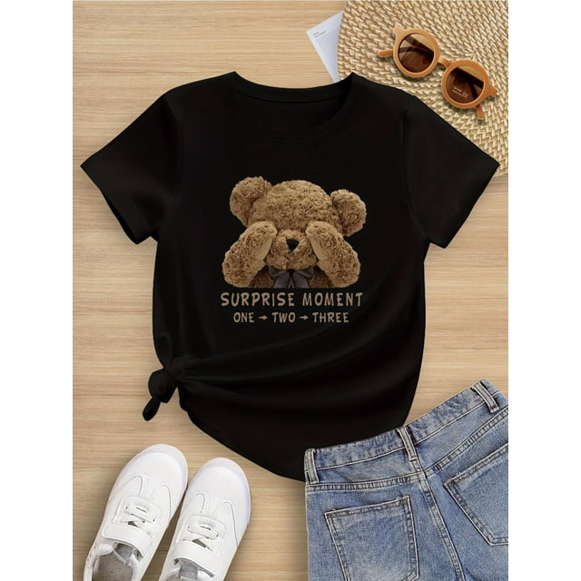 Adorable Teddy Bear Graphic Tee for Girls - Comfy Cotton Blend, Casual Round Neck Short Sleeve T-Shirt with "Surprise Moment" Print, Perfect for Summer & Ages 8-14, Bear T Shirt
