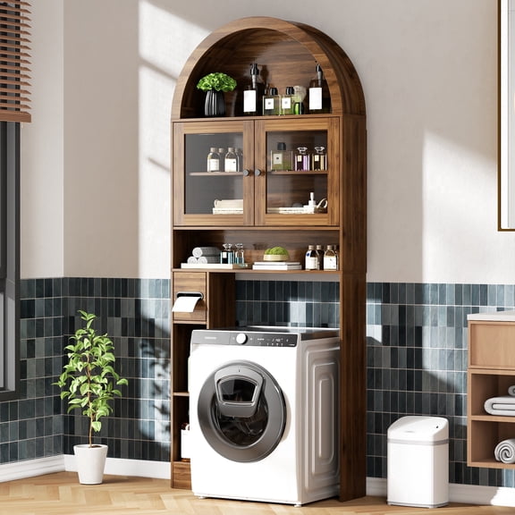 Furtivusia Over The Toilet Storage Cabinet, 4 Tier Storage Shelf Organizer, Arched Cabinet with Glass Doors, Walnut