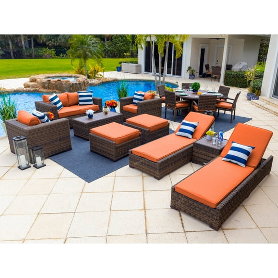Tuscany 16-Piece Resin Wicker Outdoor Furniture Combination Set with Loveseat Lounge Set, Round Dining Set, and Chaise Lounge Set (Half-Round Brown Wicker, Sunbrella Canvas Tuscan)