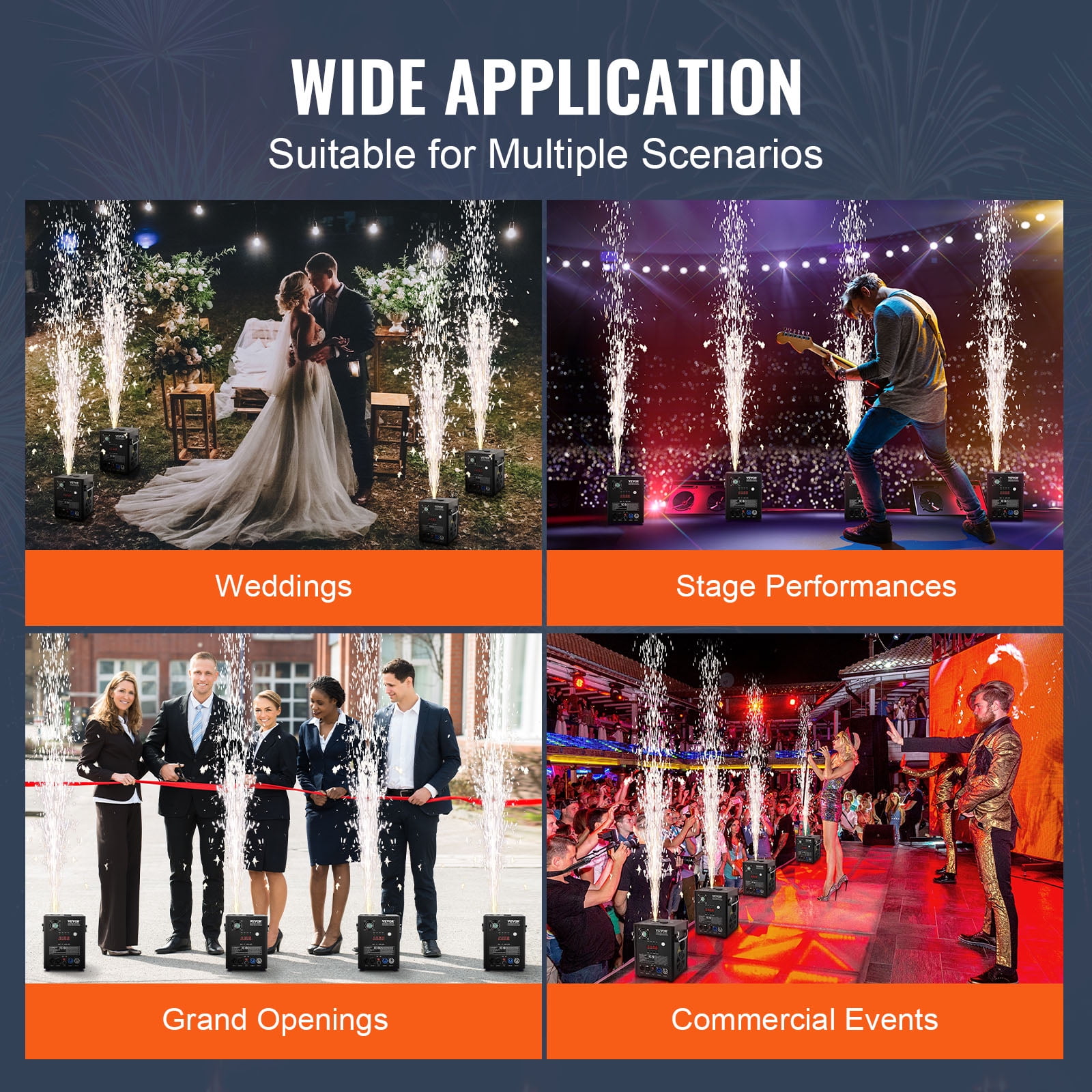 VEVOR Cold Spark Machine, 4 Pack 500W Output Fireworks Controllers, 6.6-13ft Adjustable Height, with Advanced DMX System,LED Screen,Portable Handle, Aluminum Alloy for Stage DJ Wedding Event,Party