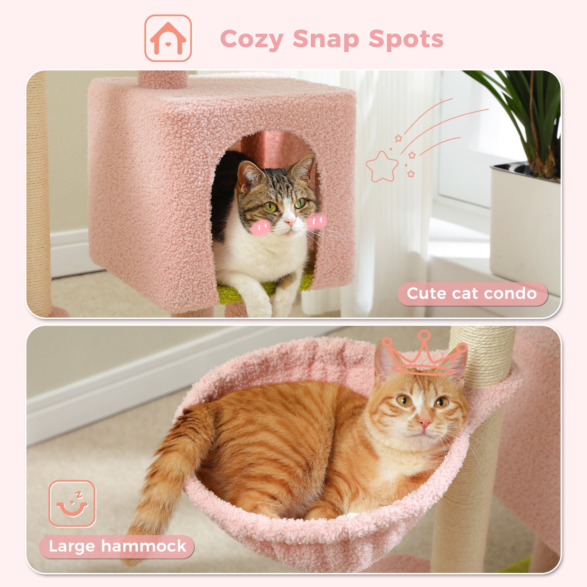 Pefilos 35.4" Flower Cat Tree Tower for Indoor Cats w/Large Top Bed, Comfy Hammock for Kittens, Cat Scratching Post and Dangling Ball, Pink