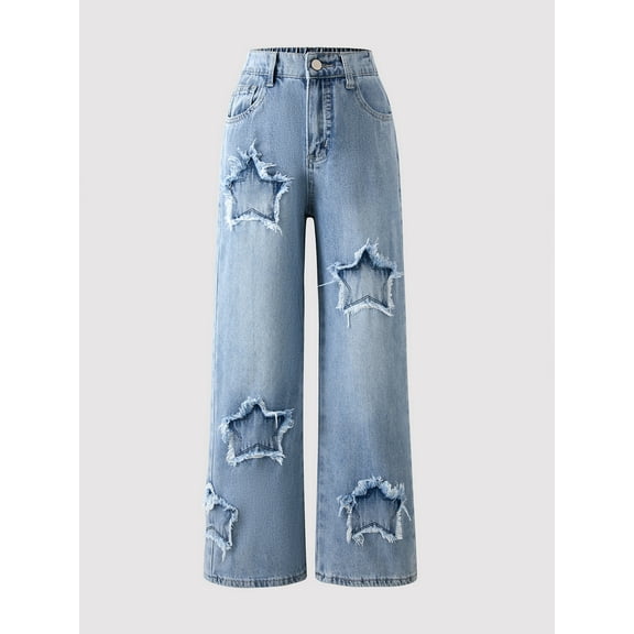 FEDPOP Baggy Jeans for Girls Wide Leg Ripped High Elastic Waisted Denim Pants Cute Summer Trousers Y2K Streetwear 10-14Y
