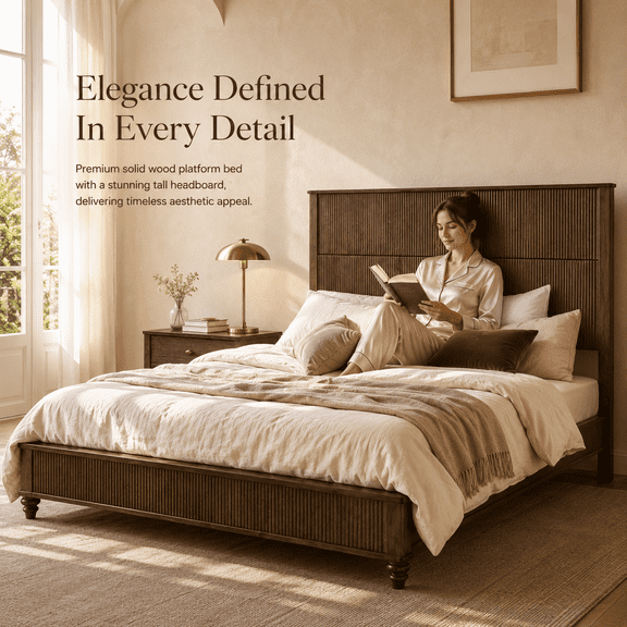 Solid Wood King Platform Bed Frame with Tall Headboard, Walnut