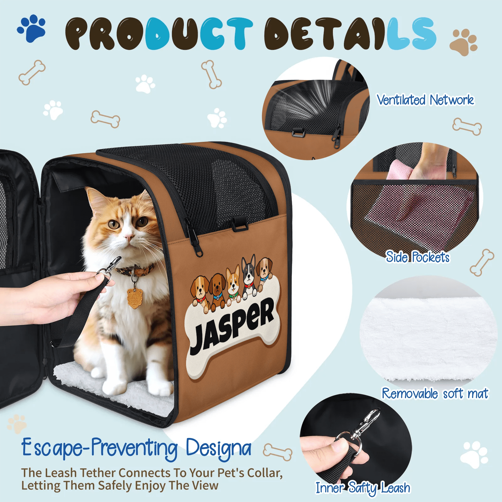 Personalized Pet Backpack Carrier for Cats and Puppies,Breathable Mesh,Custom Name Pet Travel Bag with Escape Proof Lock & Removable Pad