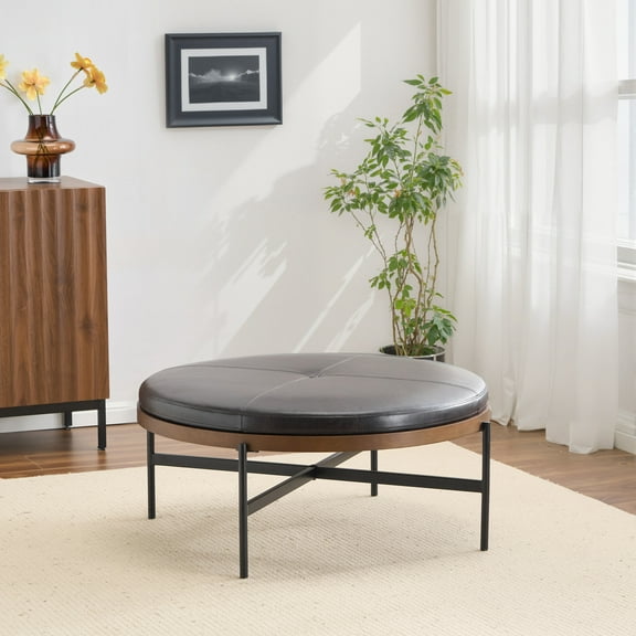 GDF Studio Round Cocktail Ottoman with Black Metal Frame, Industrial Style, Dark Brown PU Upholstery