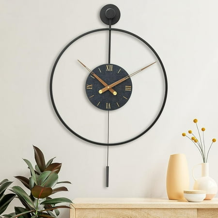 Wall Clocks for Living Room Decor - Dining Room - Big Decorative Farmhouse Pendulum Wall Clock With Walnut Pointers for Office - Classical Metal Minimalist Roman Numeral Dial - Large Modern Wall Clock