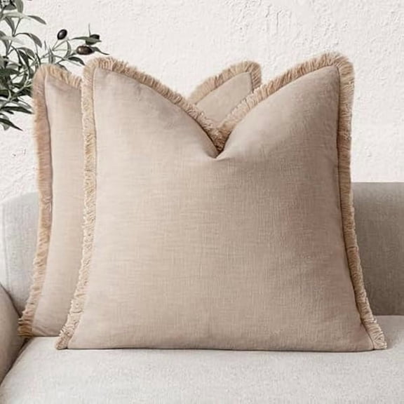 Eryueer Set of 2 Decorative Linen Throw Pillow Covers with Fringe, Boho Style with Tassels, Soft Pillow Case for Sofa, Chair, Bed, Living Room, Home Decor, 46 x 46 cm