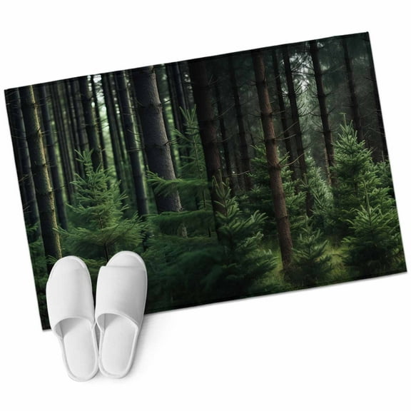 Green Forest Bathroom Mat 2x3 FT, Non Slip Small Kitchen Mat, Mysterious Primitive Forest Pine Tree Washable Soft Backed Front Door Throw Rug Non-Shedding Indoor Outdoor Doormat for Entryway Sink
