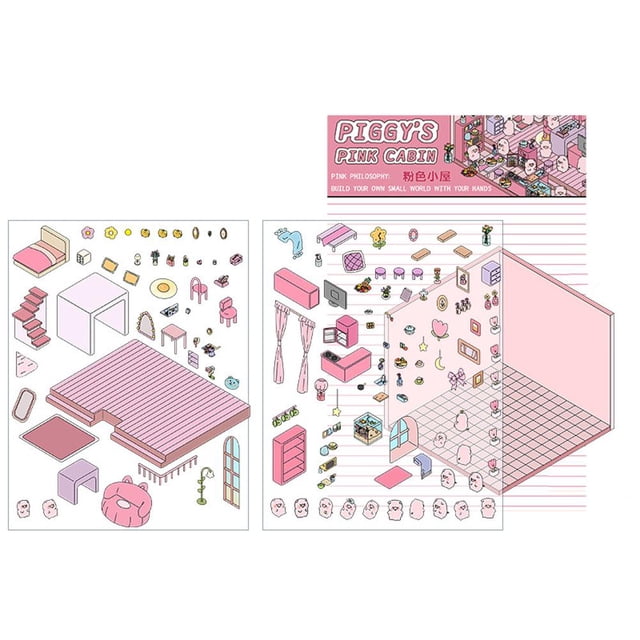 Cabin Scene Cartoon Stickers For Miniature 3D Landscaping, Cute Kid's Collage Hand Account Stackable Gift M2P1
