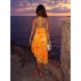 thumbnail image 2 of Orange Watercolor Halter V-Neck Bodycon Mini Dress With Ruffle Hem For Summer Resort Vacation, 2 of 5