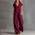 thumbnail image 2 of QIYAGBSA Jumpsuits for Women Cotton Linen Short Sleeve Zip Front Wide Leg with Pockets Soft Casual (Wine, M), 2 of 6