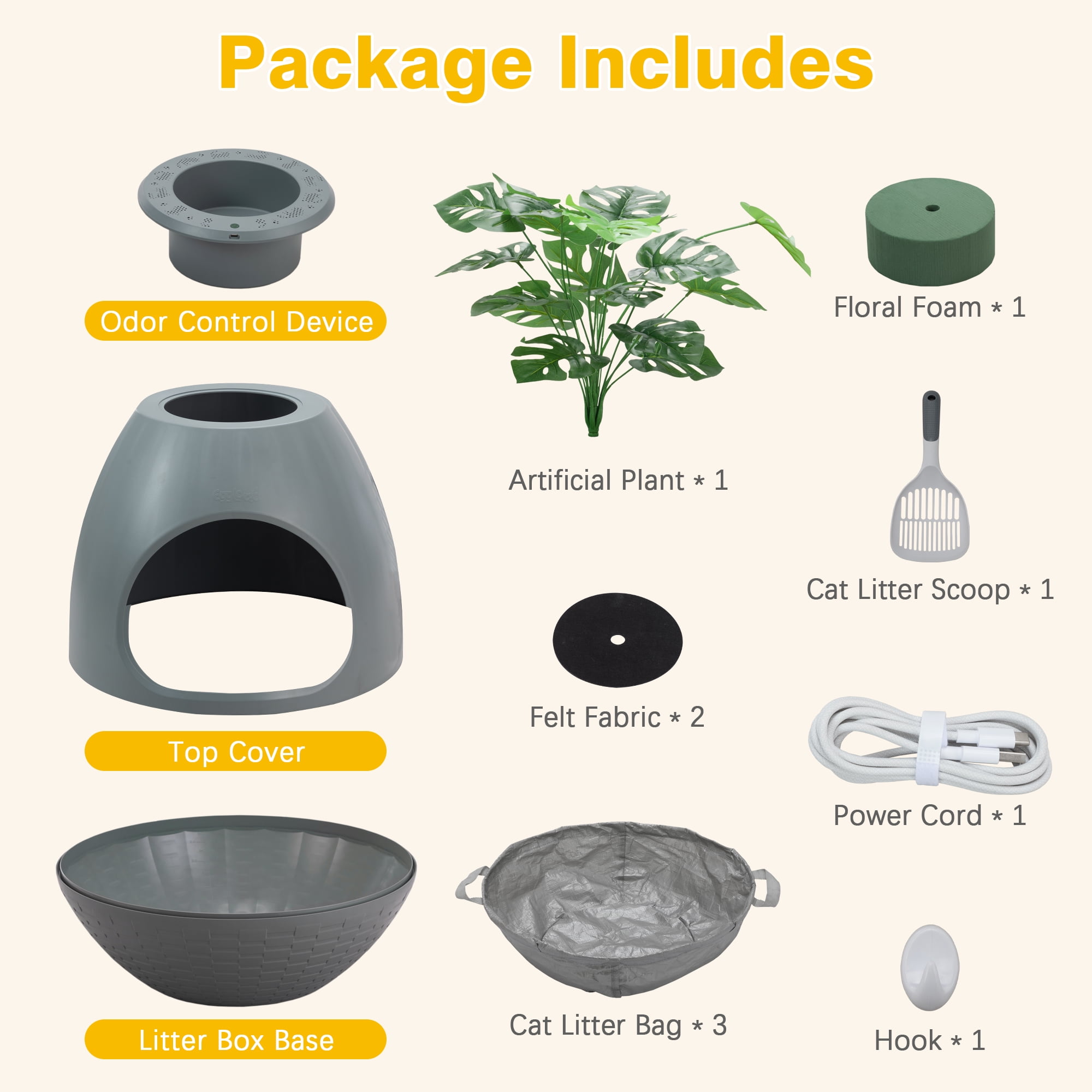 Jaxpety Smart Plant Cat Litter Box,Hidden Cat Litter Box with Deodorization System, Exhaust Fan,Light, Scoop, Artificial Plants for Apartments and Offices Living Room Bedroom