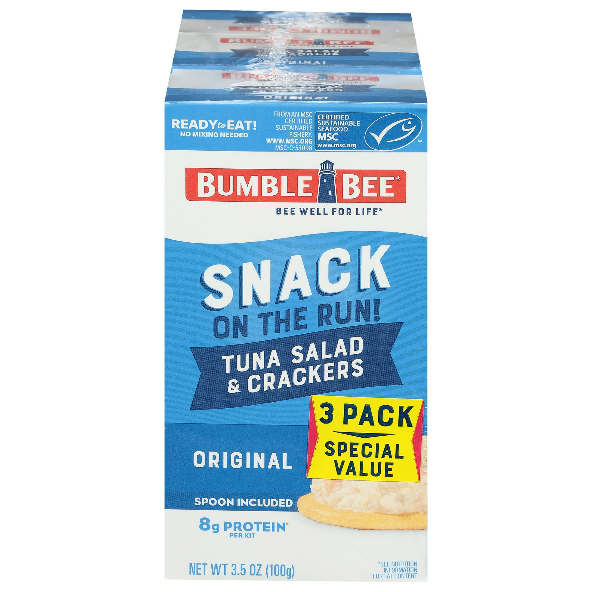 Bumble Bee Snack on The Run Tuna Salad with Crackers Kit, Wild Caught, Ready to Eat, 8g Protein per Serving, Shelf Stable Box, 3.5 oz (Pack of 3)