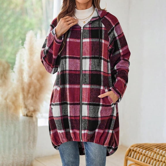 DAFPZW Plaid Shirts for Women Oversized Button Down Long Shacket Jacket Fall Flannel Hooded Trench Coats with Pockets
