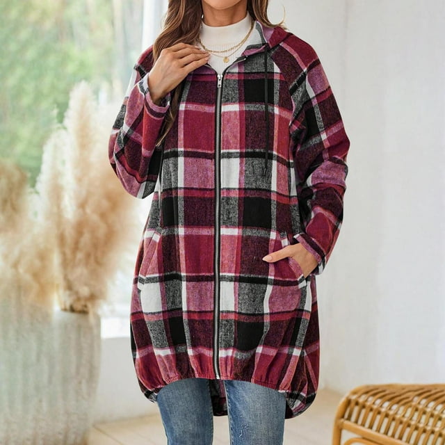 Plaid Shirts for Women Oversized Button Down Long Shacket Jacket Fall Flannel Hooded Trench Coats with Pockets