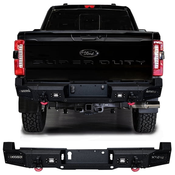 Vijay Compatible with 2023-2024-2025-2026 Ford F250 Super Duty / F350 Super Duty Rear Bumper Textured Black Steel with Lights and D-rings